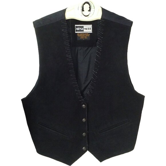 Lot(2) Mona Mode Suede Leather Vests Lady-L Pockets Lined Metal Snaps Brown Blac - Picture 5 of 10
